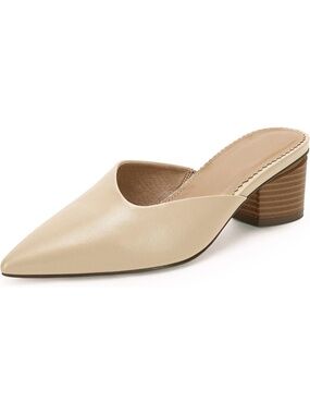 🆕 Womens Beige Shoes Leather Pointed Toe Chunky Block Low Heel Mule Pumps